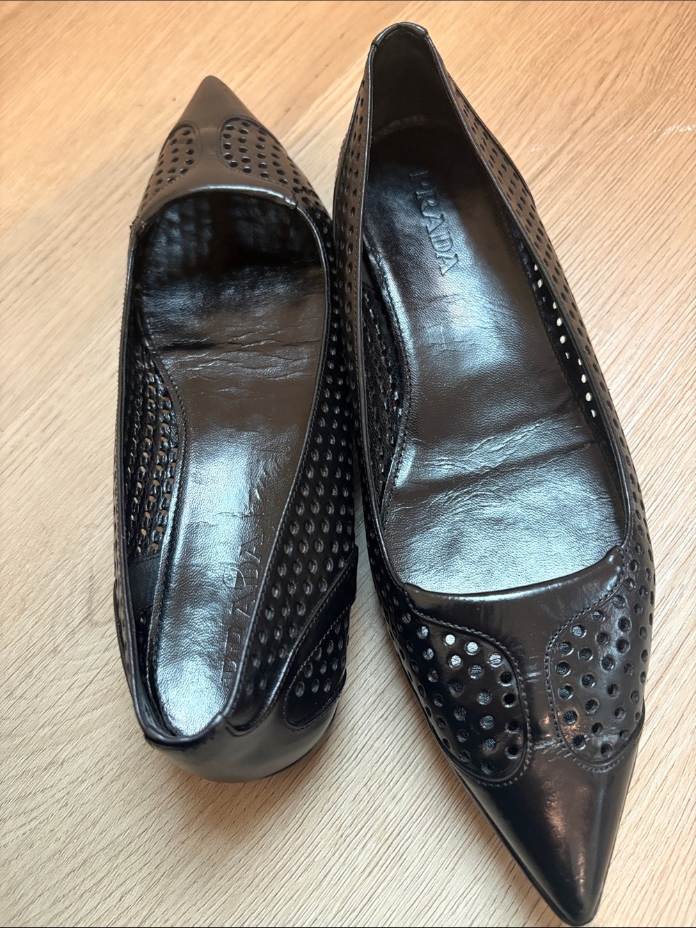 Prada Black Perforated Pointed-Toe Leather Flats